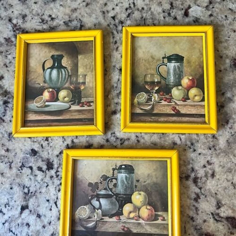 Yellow Frames Plaques Set of 3, Still Life Country Kitchen